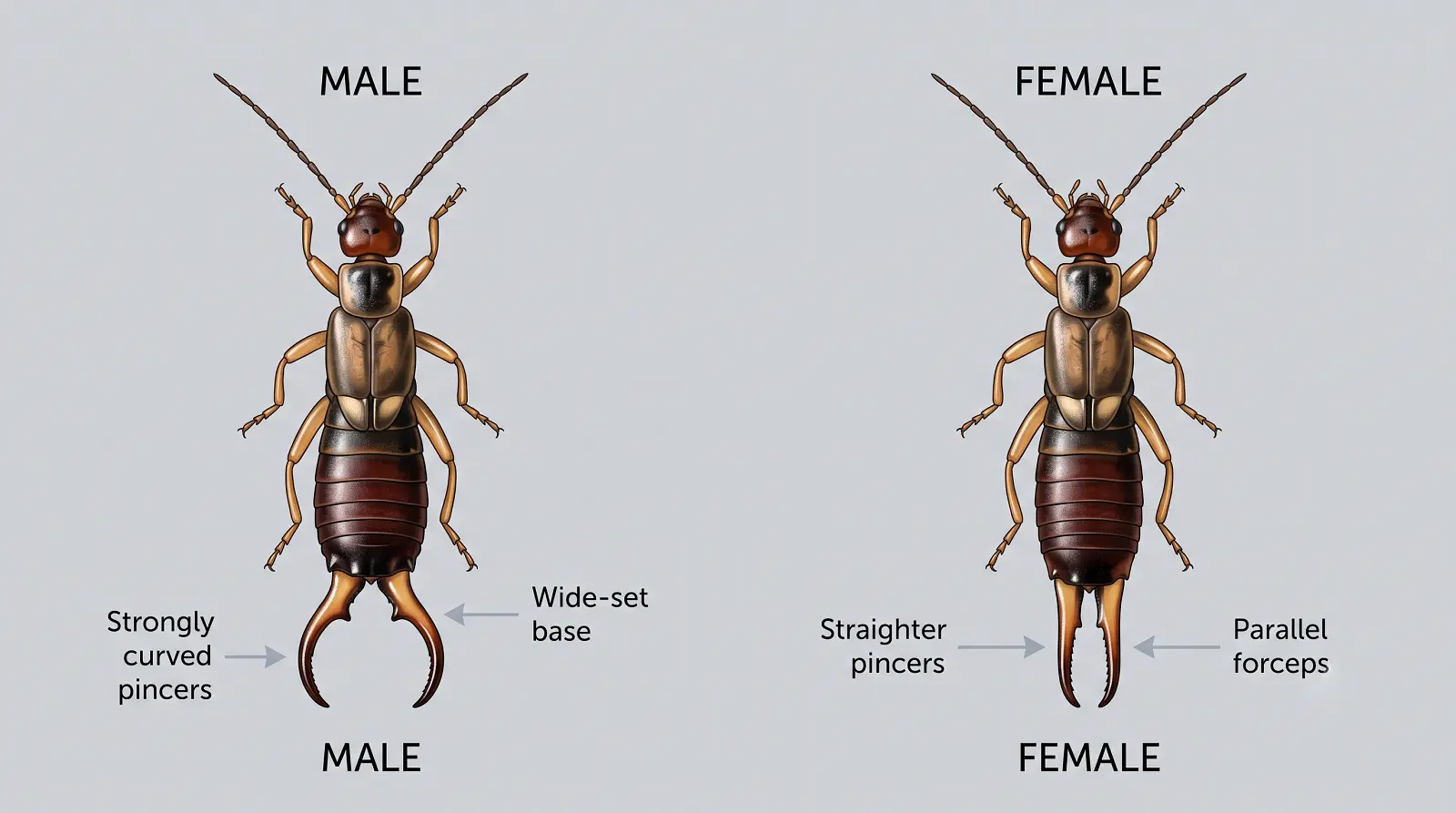 Side-by-side comparison diagram showing curved pincers of a male earwig versus straight parallel pincers of a female earwig