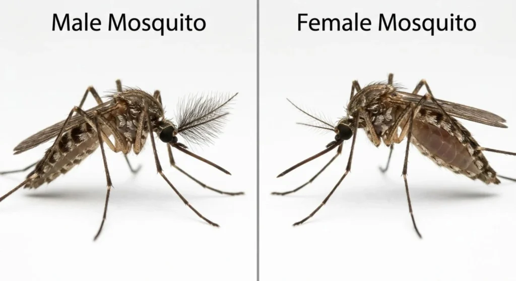 male vs female mosquito comparison anatomy proboscis antennae Male mosquito feeding on flower nectar beside female mosquito showing dramatic lifespan difference between sexes