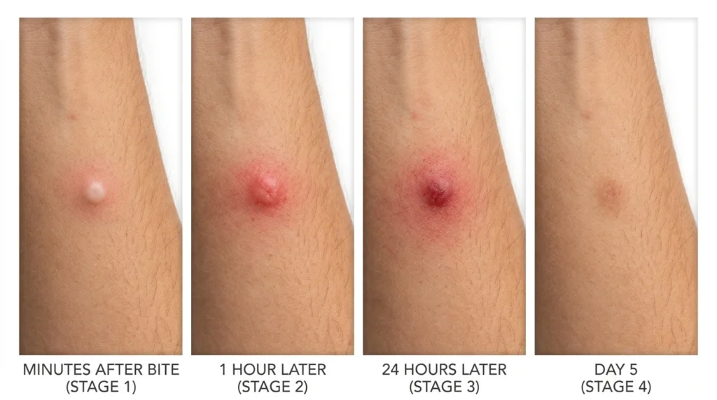 Four stages of mosquito bite progression from white bump to fading red mark over seven days
