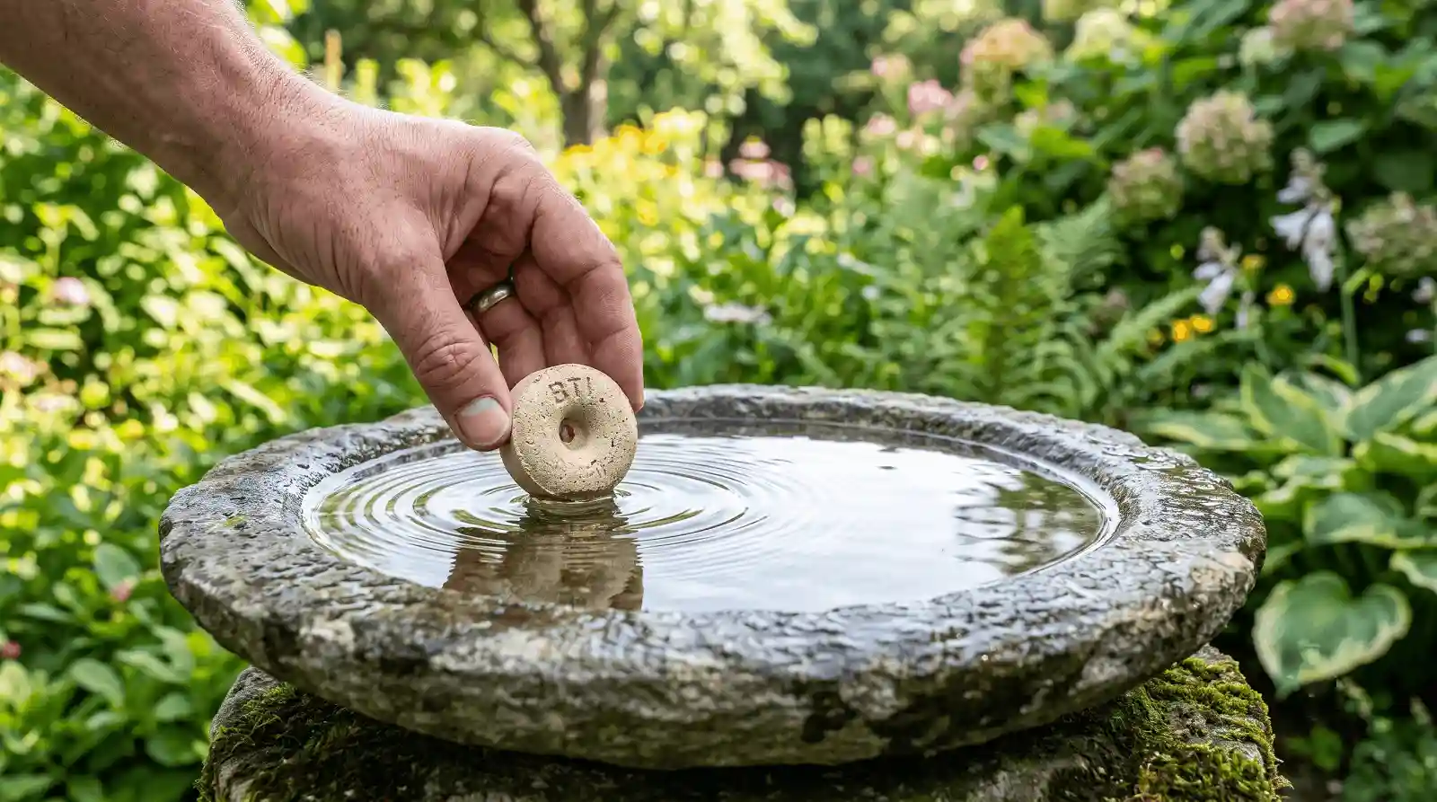mosquito dunk application standing water A hand gently placing a doughnut-shaped Bti mosquito dunk into a stone bird bath in a backyard garden.