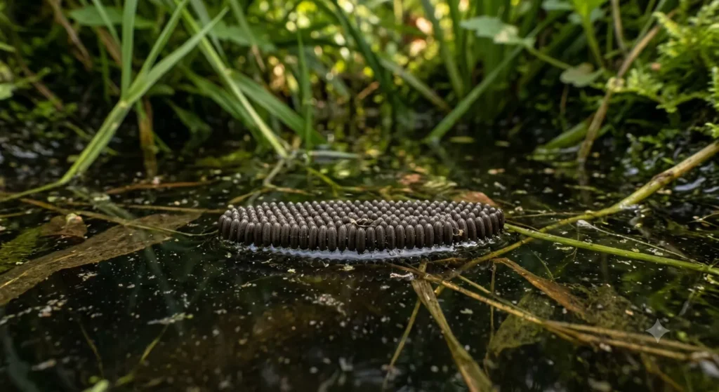 mosquito egg raft floating stagnant water identification 1 Mosquito egg raft floating on stagnant water surface showing dark oval cluster of 100 to 300 bound eggs