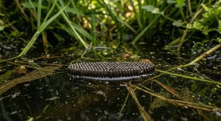 mosquito egg raft floating stagnant water identification Mosquito egg raft floating on stagnant water surface showing dark oval cluster of 100 to 300 bound eggs