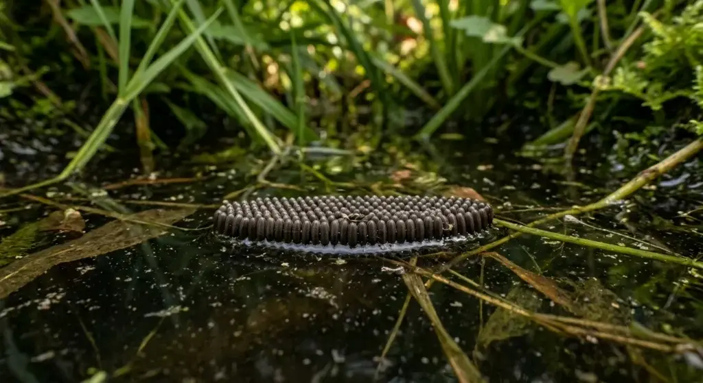 Mosquito egg raft floating on stagnant water surface showing dark oval cluster of 100 to 300 bound eggs