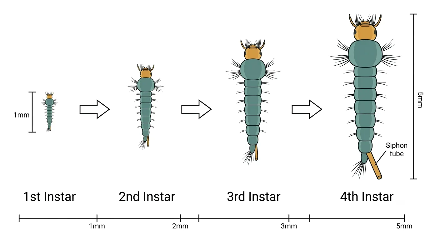 Comparison of mosquito larvae four instar growth stages showing size progression from first instar to fourth instar before pupation