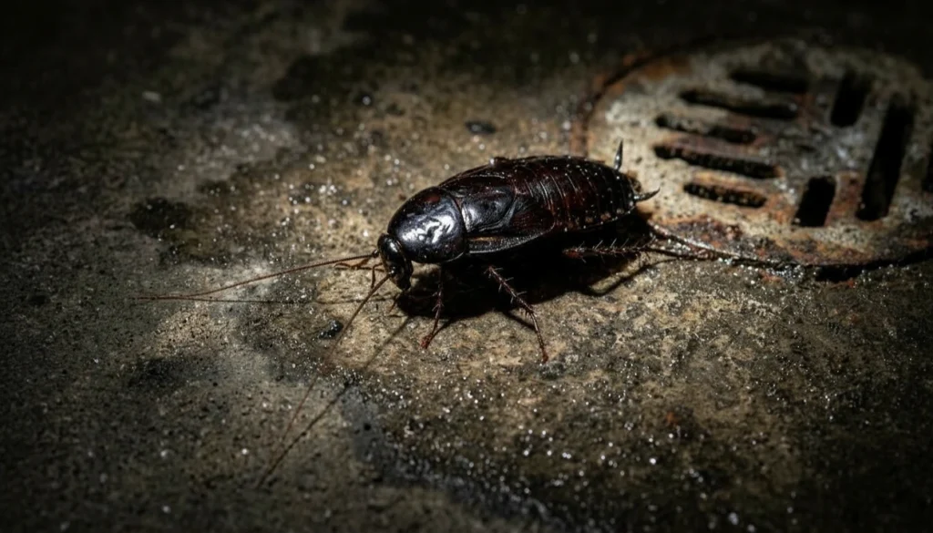 oriental cockroach shiny black basement floor drain Oriental cockroach shiny dark black body found near basement floor drain identifying the water bug species