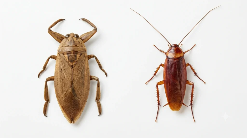 palmetto bug water bug cockroach lookalike comparison.jpg Palmetto bug water bug and cockroach lookalike comparison showing true water bug versus American cockroach differences