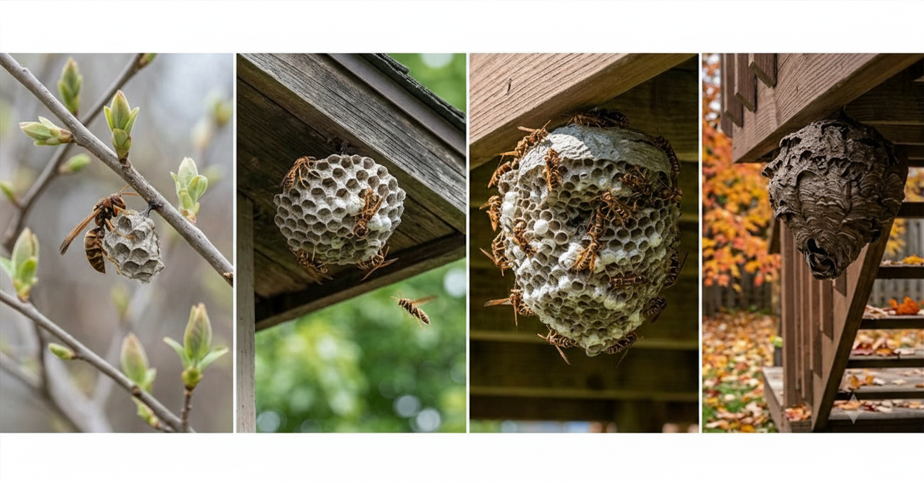 Paper wasp life cycle showing queen emergence in spring, colony growth in summer, and colony decline in fall with seasonal nest stages