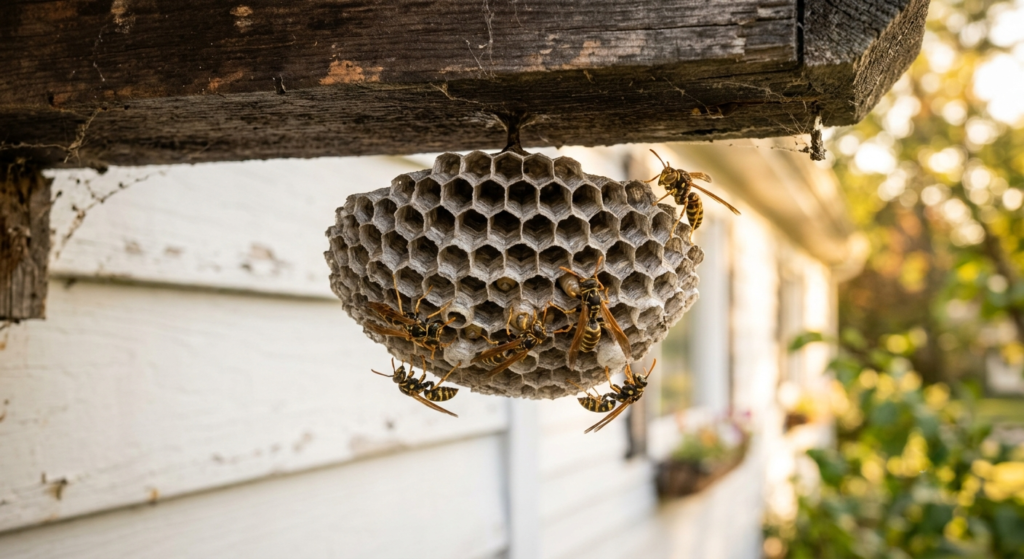 Close-up of a paper wasp nest hanging under a porch eave with wasps visible on open cells