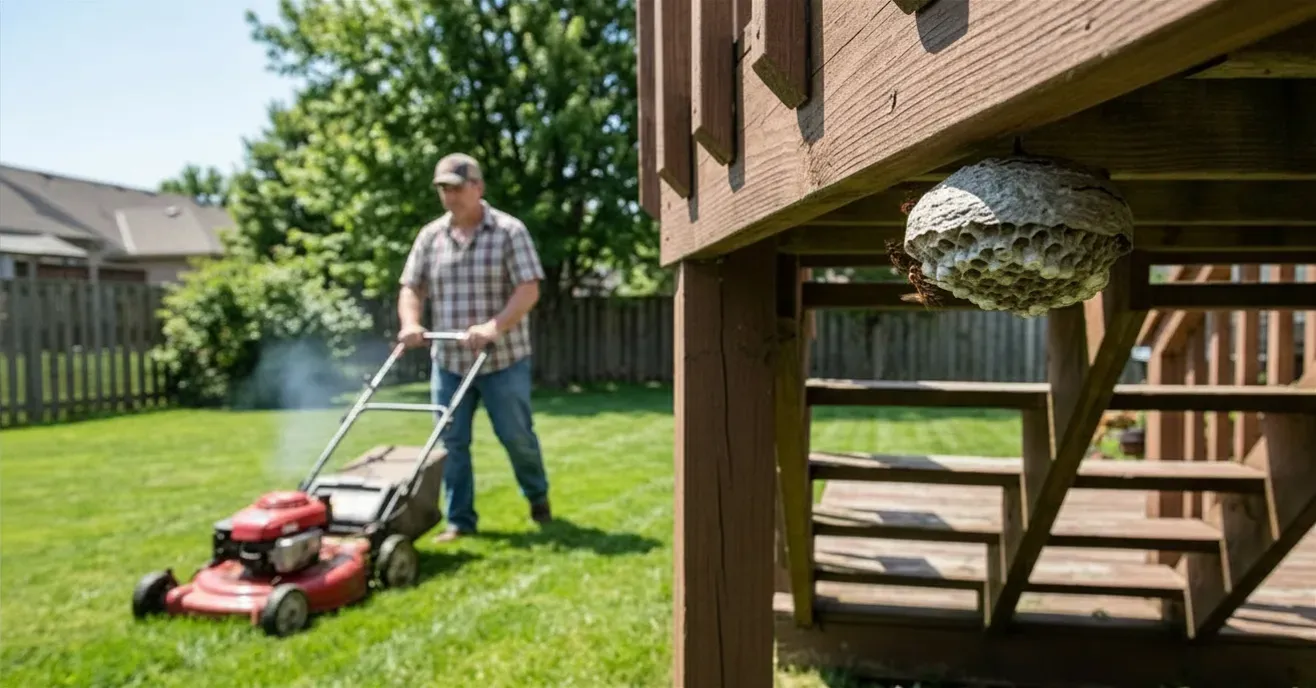 paper wasp sting warning lawnmower vibration 2 Person mowing lawn near paper wasp nest under deck railing with wasps visibly disturbed by vibration
