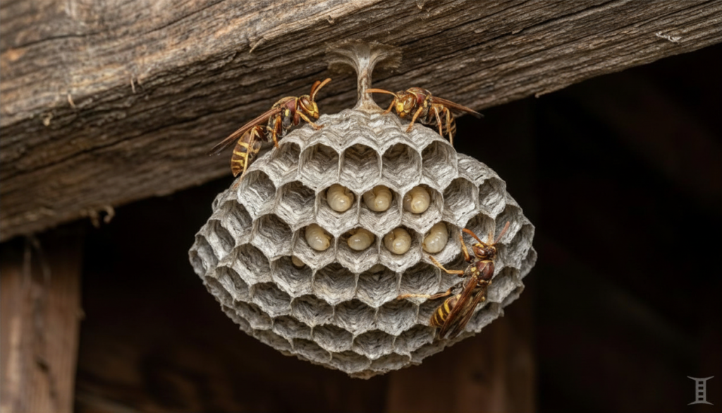 Paper wasp umbrella-shaped nest with open hexagonal cells and larvae visible, attached by a single stalk to a wooden surface