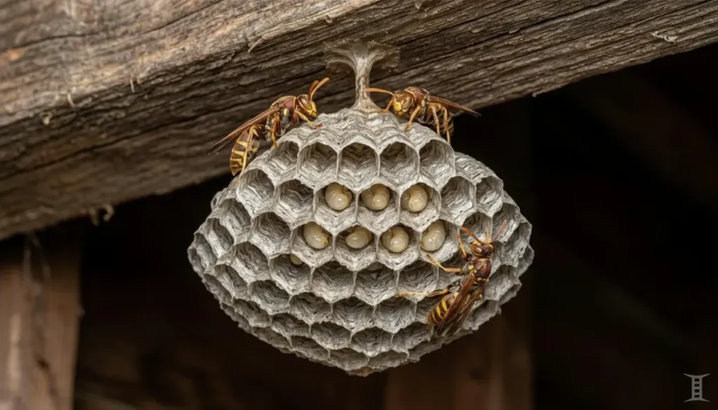 paper wasp umbrella nest open cells visible 2 Paper wasp umbrella-shaped nest with open hexagonal cells and larvae visible, attached by a single stalk to a wooden surface