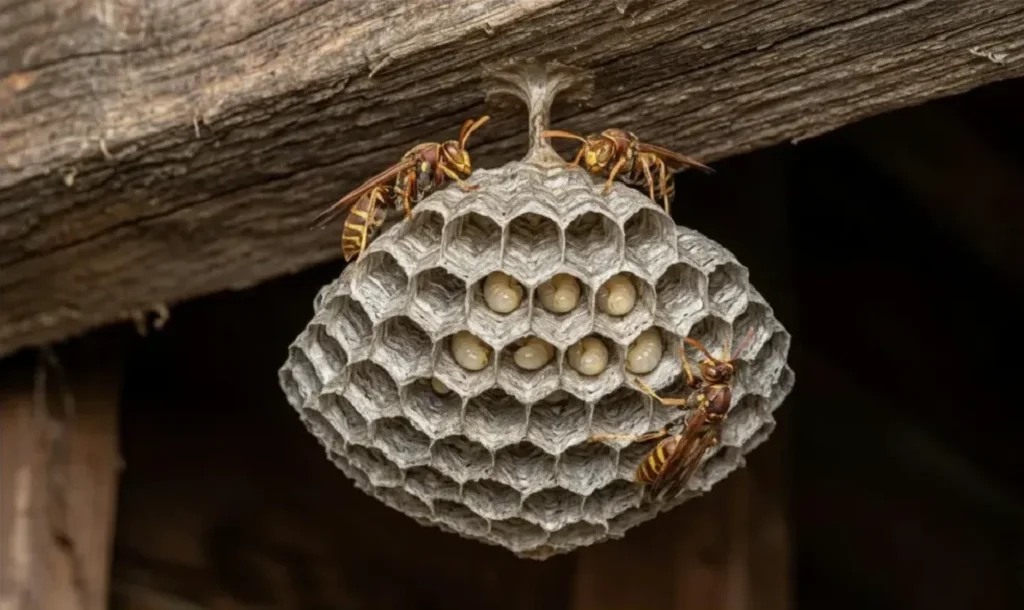 paper wasp umbrella nest open cells visible Paper wasp umbrella-shaped nest with open hexagonal cells and larvae visible, attached by a single stalk to a wooden surface