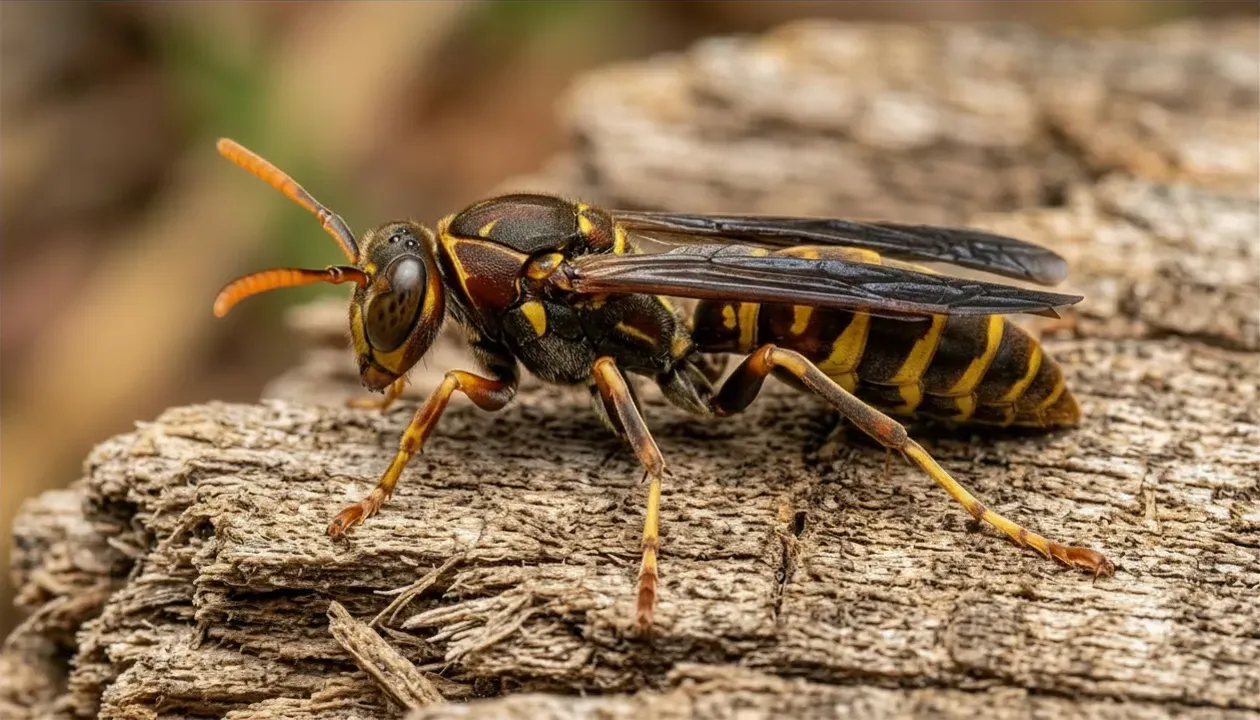 paper wasp physical identification Close-up of a paper wasp showing narrow waist, dangling legs, orange-tipped antennae, and brown and yellow body markings