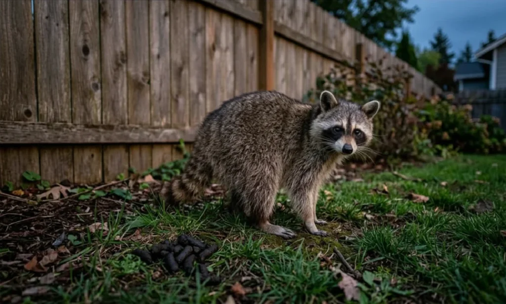 pngraccoon poop identification guide 1 raccoon right next to its poop near backyard fence