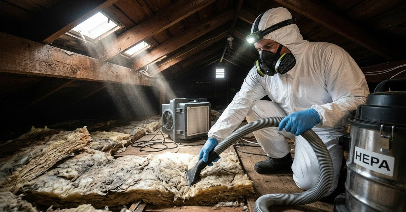 professional raccoon attic cleanup remediation technician licensed wildlife removal professional in attic doing raccoon poop remediation with hazmat suit and HEPA vacuum