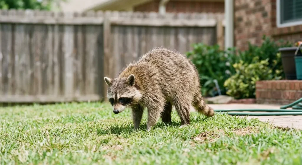Rabid raccoon standing disoriented in a suburban backyard during daylight hours