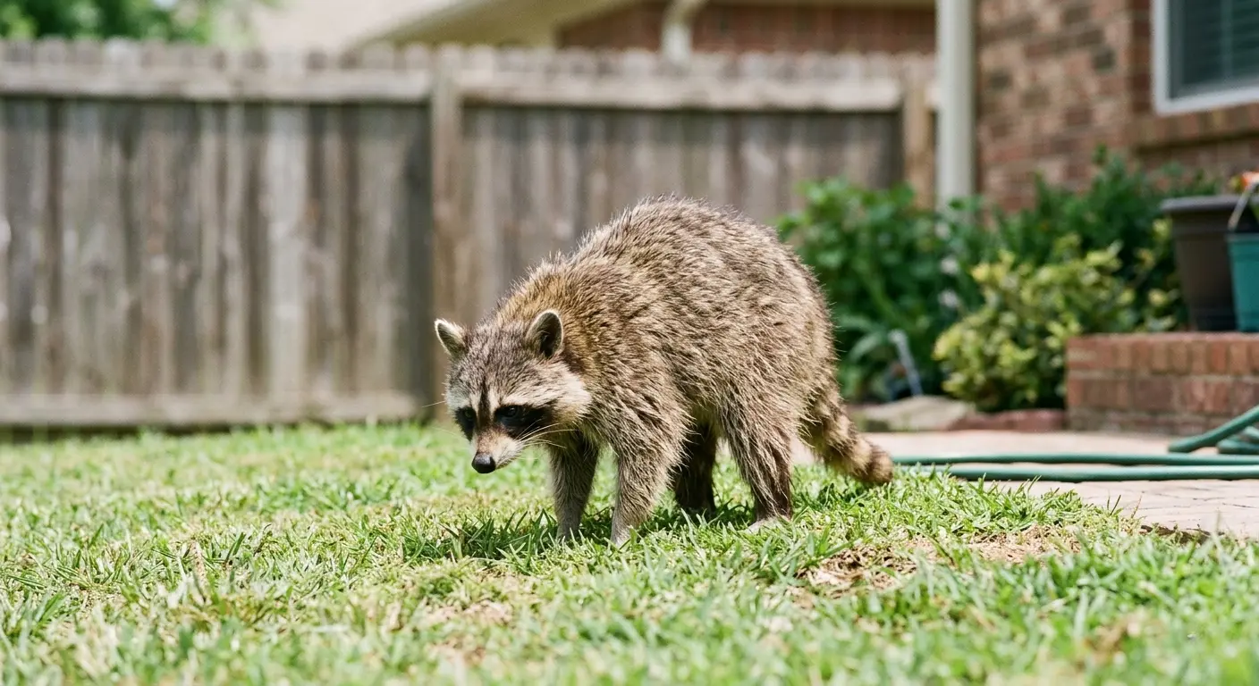 Rabid raccoon standing disoriented in a suburban backyard during daylight hours