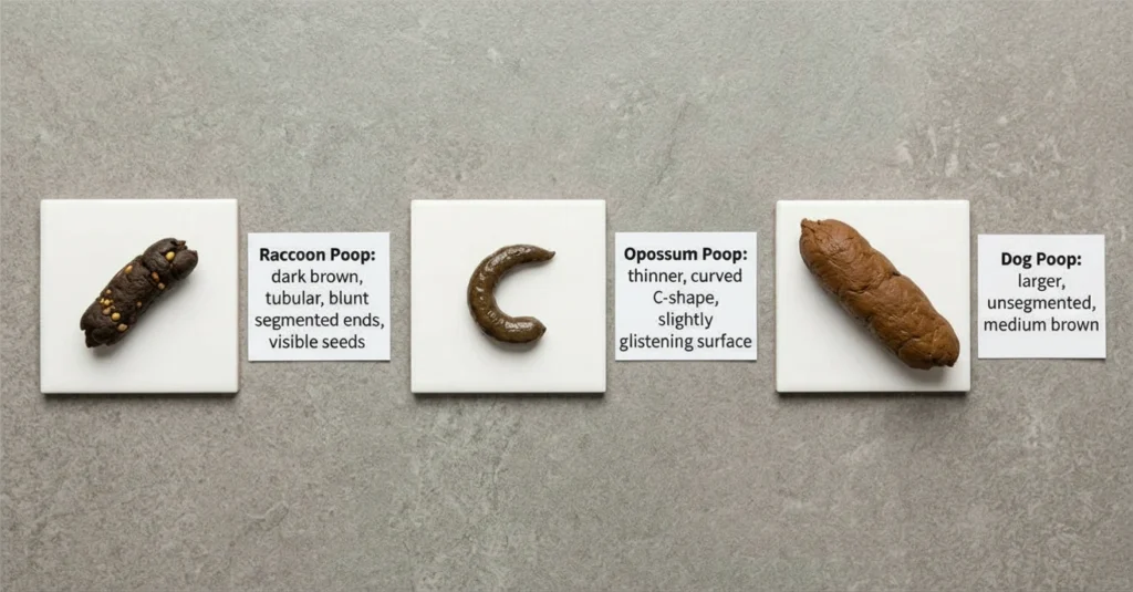 A side-by-side comparison of raccoon poop opossum poop and dog poop size shape and color differences