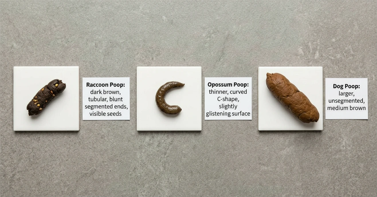 raccon poop vs opossum vs dog A side-by-side comparison of raccoon poop opossum poop and dog poop size shape and color differences