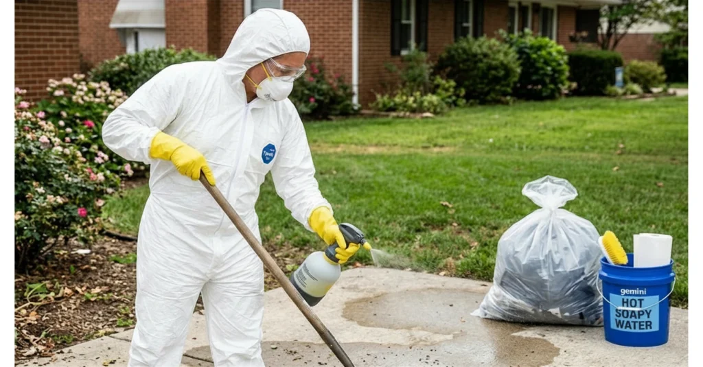person wearing N95 respirator mask gloves goggles and coveralls for safe raccoon poop cleanup outdoors