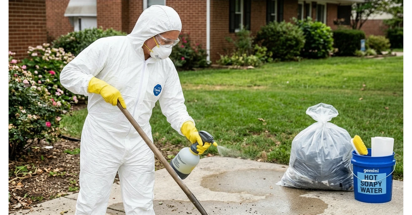 raccoon poop safe cleanup ppe n95 mask gloves goggles person wearing N95 respirator mask gloves goggles and coveralls for safe raccoon poop cleanup outdoors
