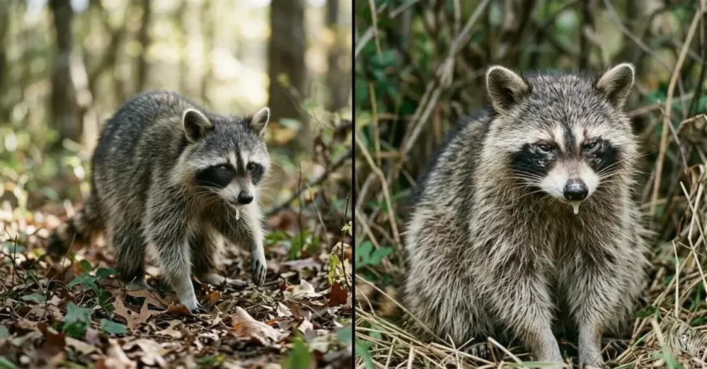 Side-by-side comparison of raccoon rabies symptoms versus canine distemper symptoms in wild rabid raccoons