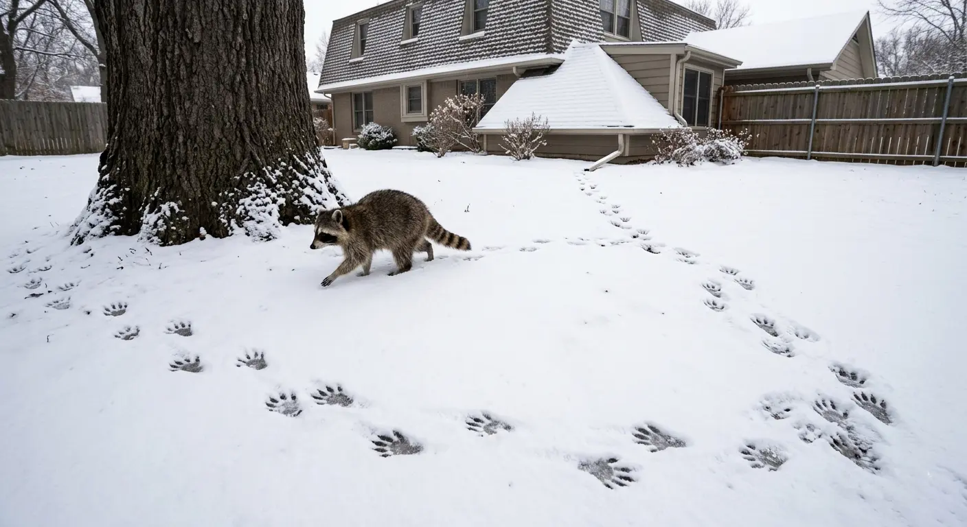 Raccoon tracks in snow forming a trail from a tree toward a house roofline, indicating potential attic entry
