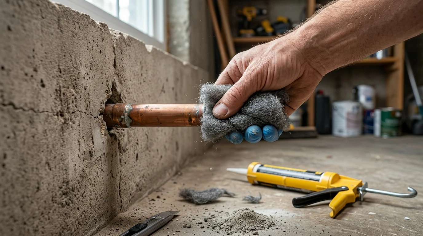 sealing mouse entry points steel wool caulk Steel wool and caulk being applied to seal a gap around a pipe entering a home foundation to block mouse entry points