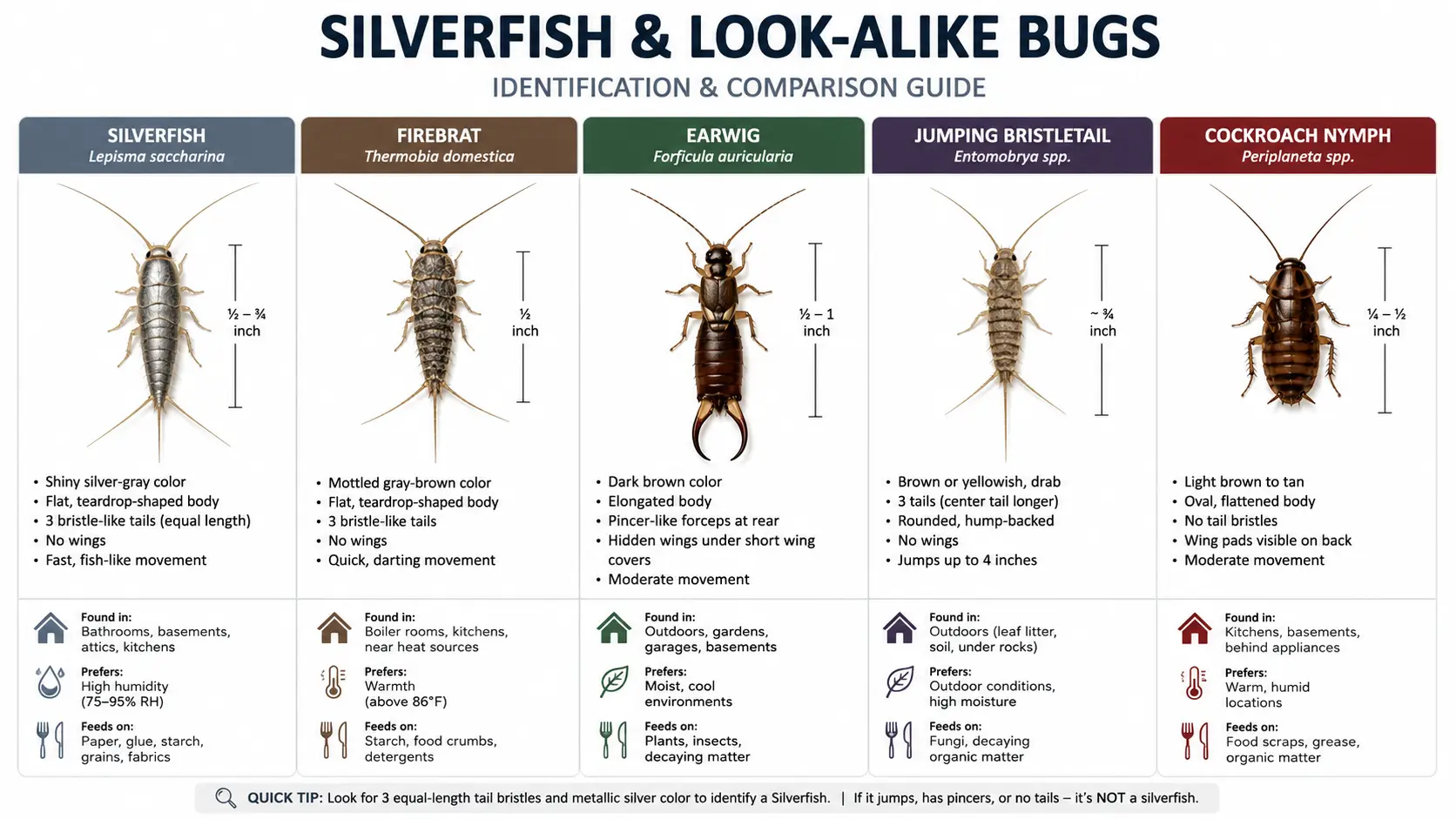 Detailed identification and comparison image  of Silverfish vs. other look-alike bugs, incluidng anatomy, food, preffered places in a home and preffered environments