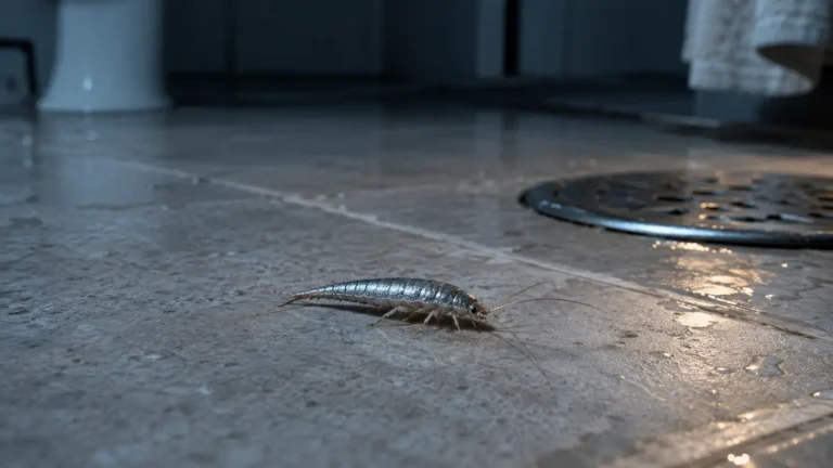 Silverfish insect crawling on bathroom floor at night
