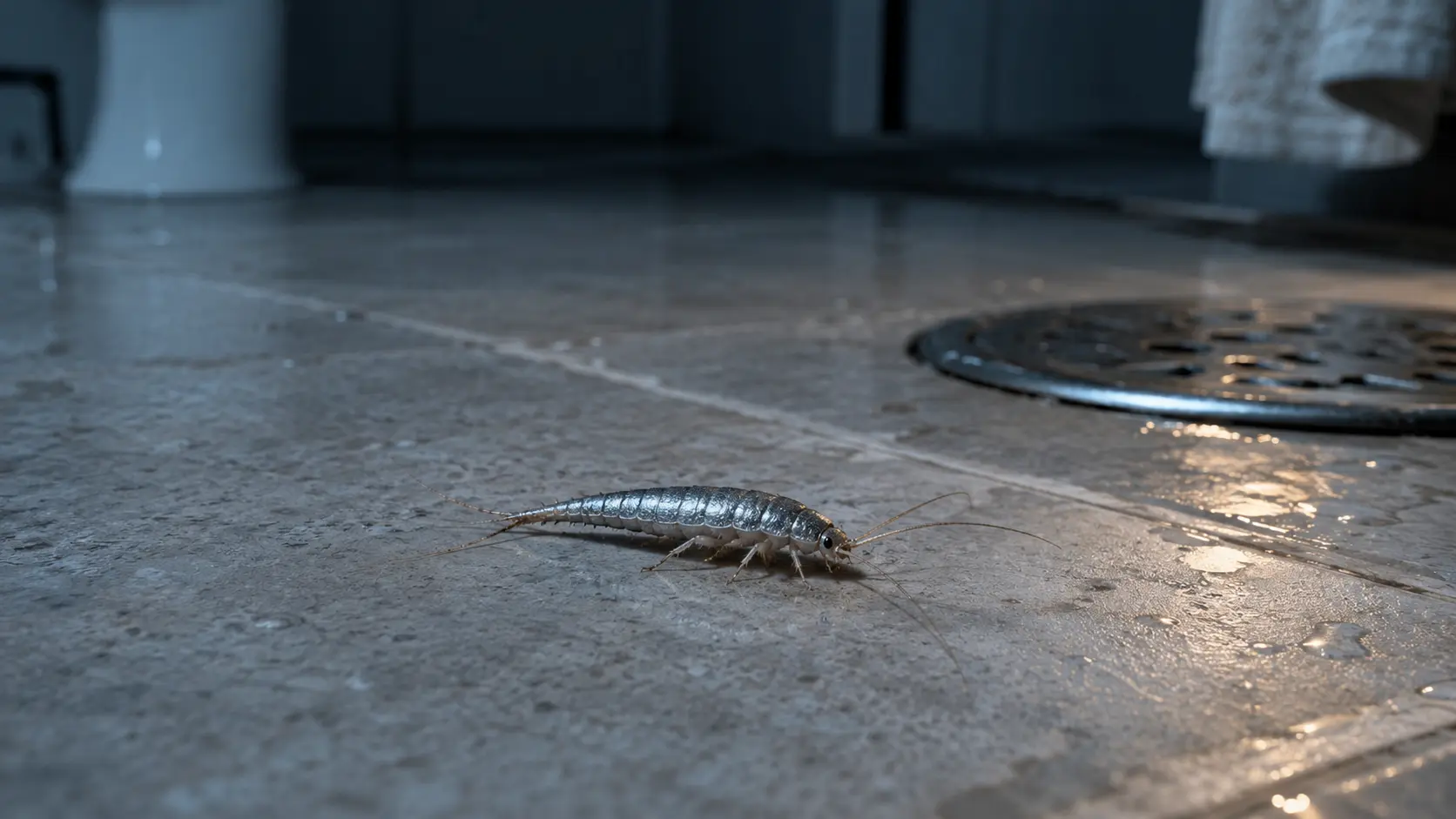 Clearly visible silverfish insect crawling on bathroom floor at night