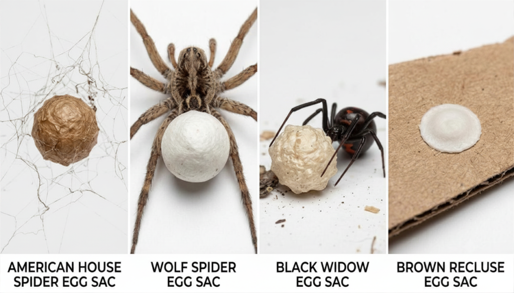 spider egg sac identification types comparison Comparison of four spider egg sac types showing American house spider wolf spider black widow and brown recluse