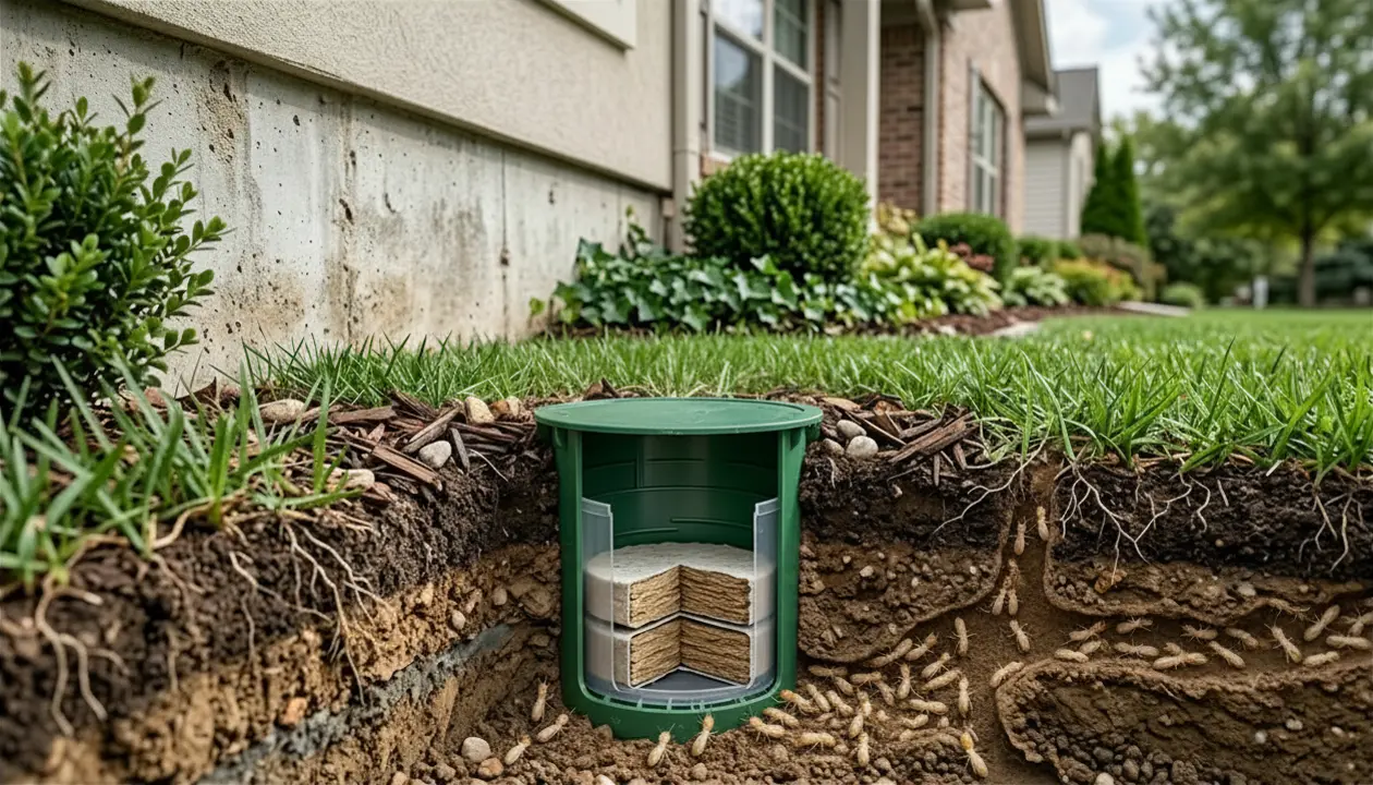 termite bait station in ground installation In-ground termite bait station, for termite control treatment, installed in lawn soil next to a home foundation