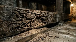 termite damage wooden beam basement Termite damage on a wooden support beam in a basement showing hollowed tunnels and frass
