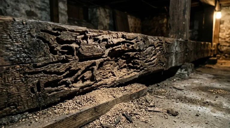 termite damage wooden beam basement Termite damage on a wooden support beam in a basement showing hollowed tunnels and frass