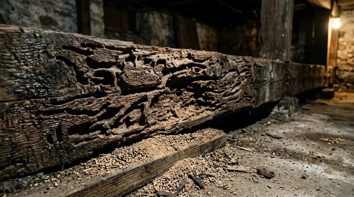 termite damage wooden beam basement Termite damage on a wooden support beam in a basement showing hollowed tunnels and frass