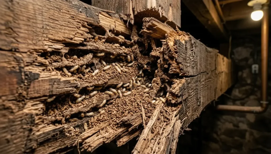 termite damage wooden beam subterranean colony Termite damage on wooden floor beam with active termites crawling on hollow wood