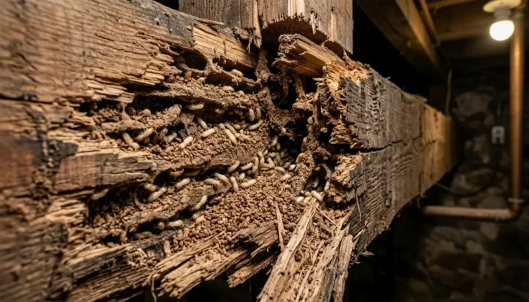 Termite damage on wooden floor beam with active termites crawling on hollow wood