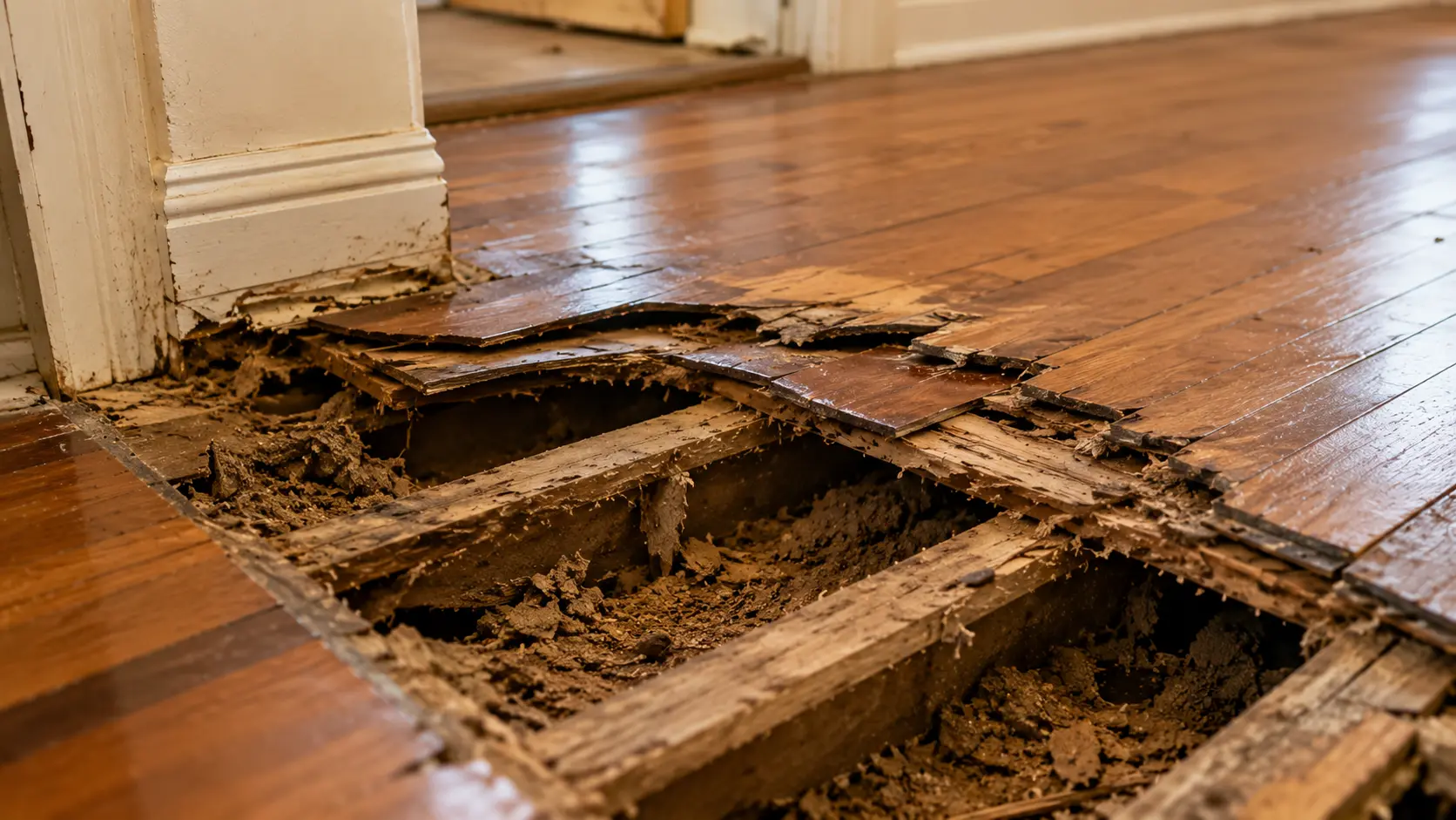 visible floor damage caused by termites underneath wooden floor