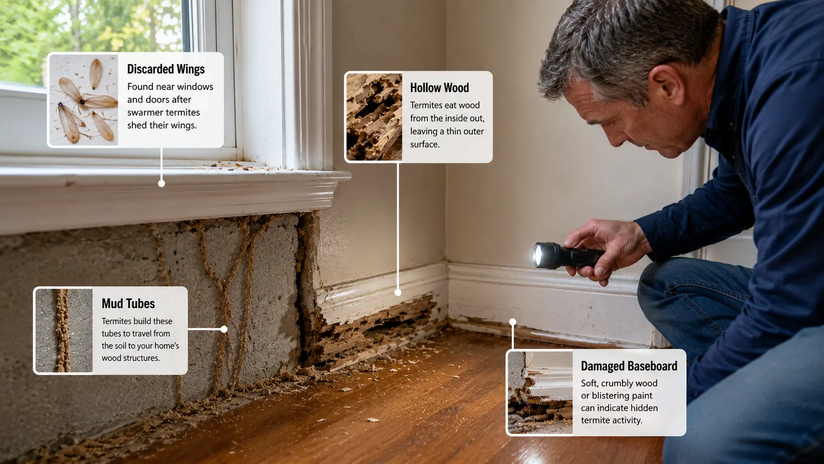 Termite damage and visible signs: termite mud tubes, discarded wings, damaged baseboard, hollow wood  