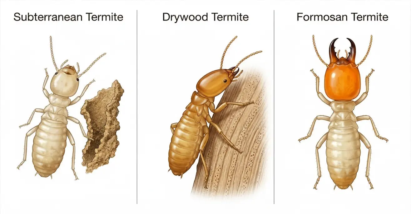 termite types subterranean drywood formosan comparison Comparison illustration of three termite types: subterranean, drywood, and Formosan termites