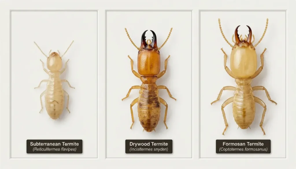 three termite types subterranean drywood formosan identification Side-by-side comparison of subterranean, drywood, and Formosan termite species on white background