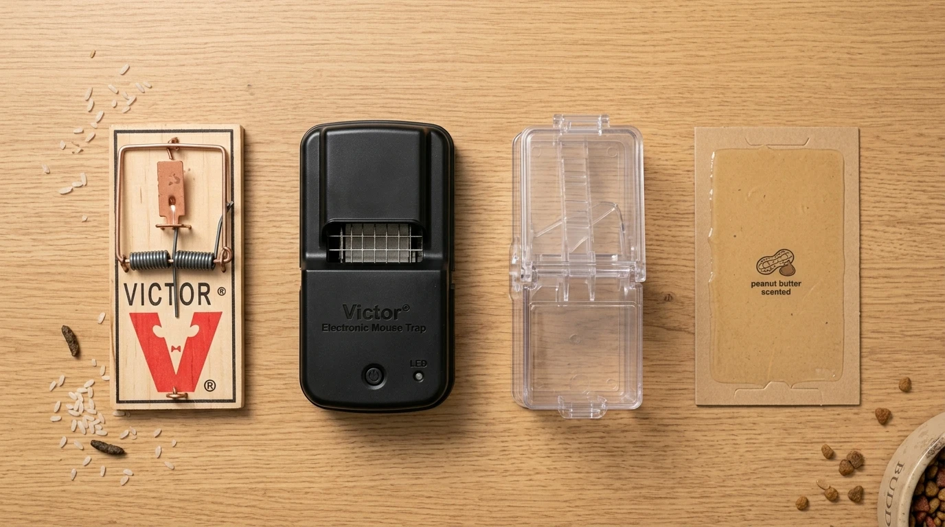 types of mouse traps comparison Four types of mouse traps side by side: snap trap, electric trap, live trap, and glue trap