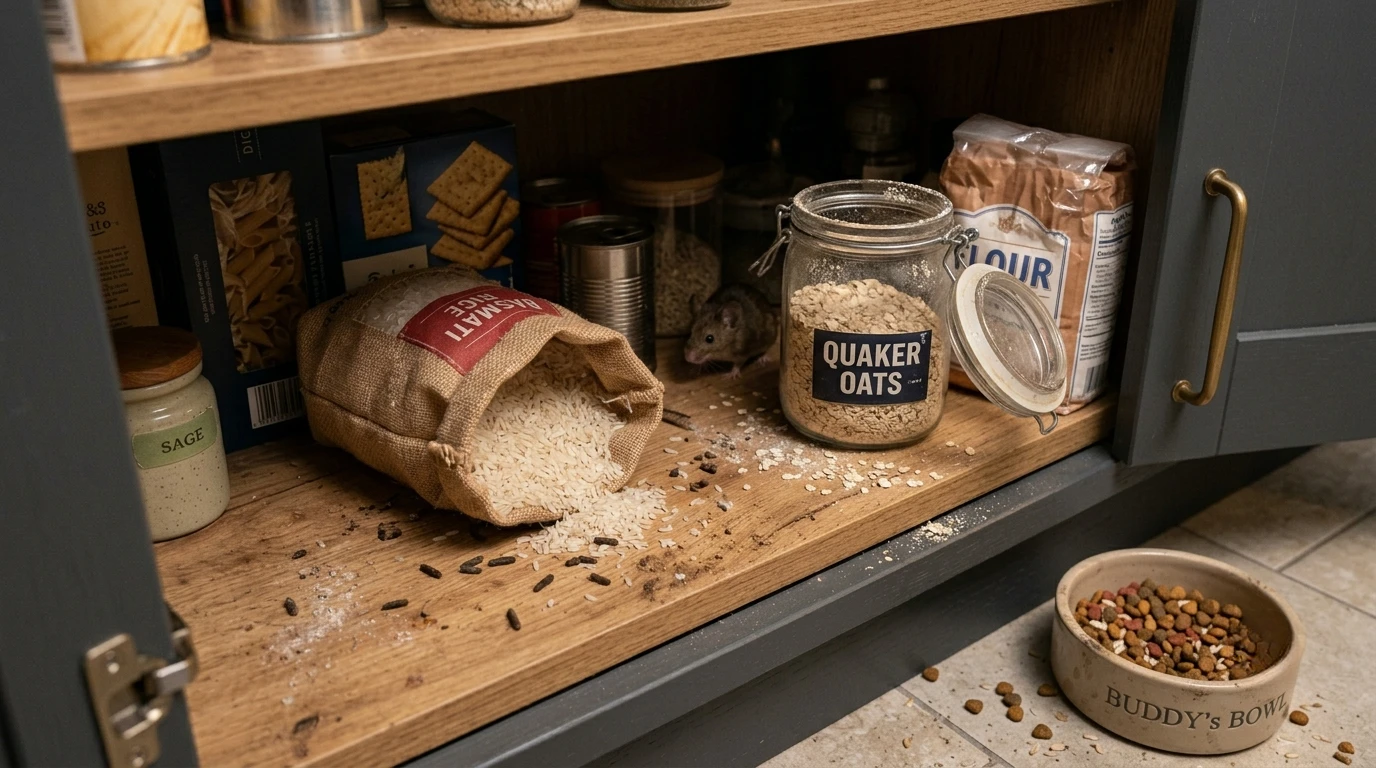 what attracts mice to your home Open pantry shelf with unsealed food bags, pet food bowl, and crumbs attracting mice