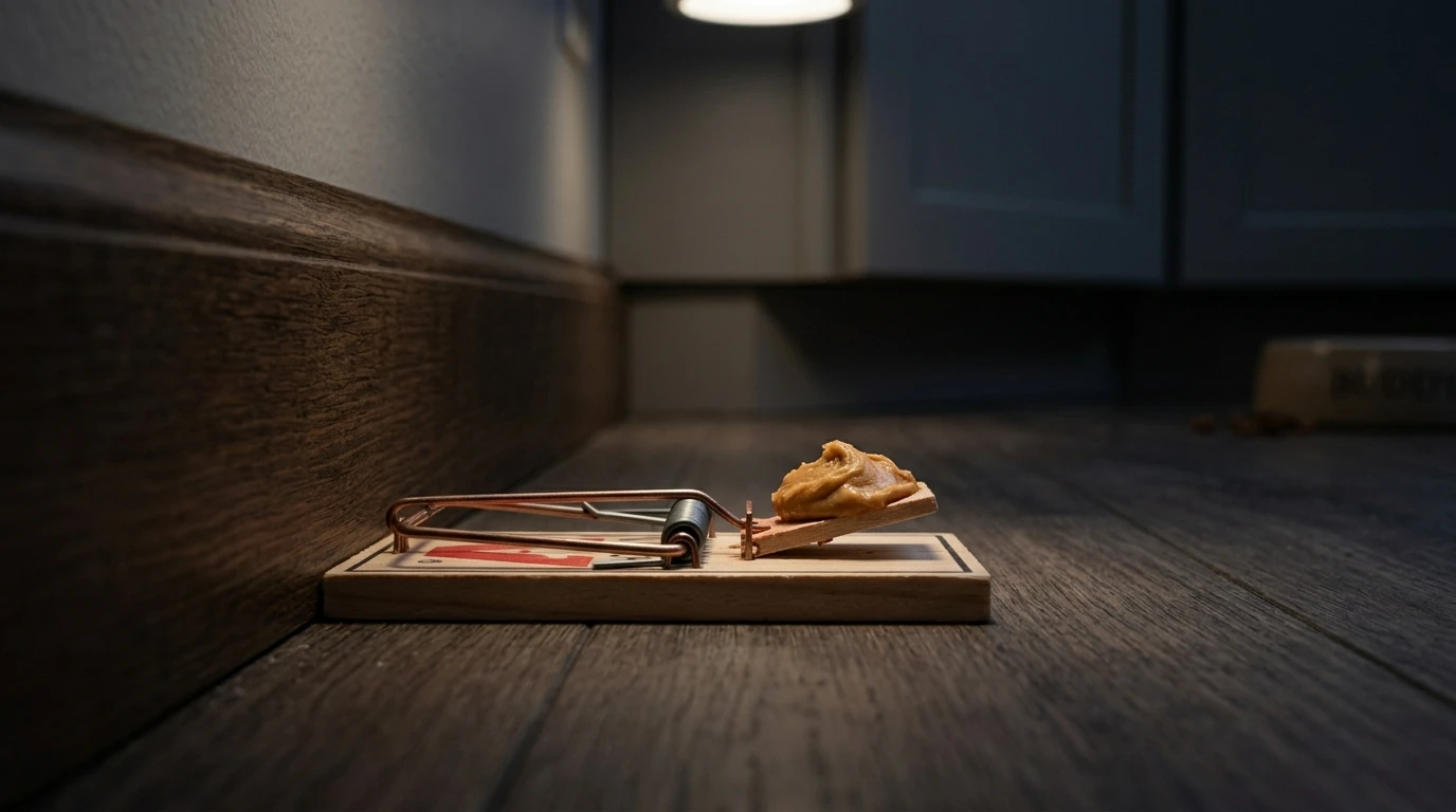 where to place mouse traps correctly Snap trap placed correctly against a baseboard wall in a dark kitchen corner