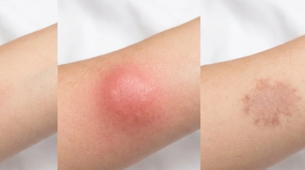 bed bug bite stages day by day progression edited Visual progression of bed bug bite healing stages from day one to day fourteen on human skin