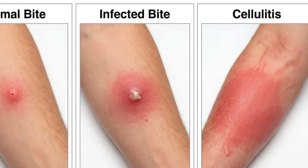 Three stage comparison of normal mosquito bite versus infected bite versus cellulitis skin infection