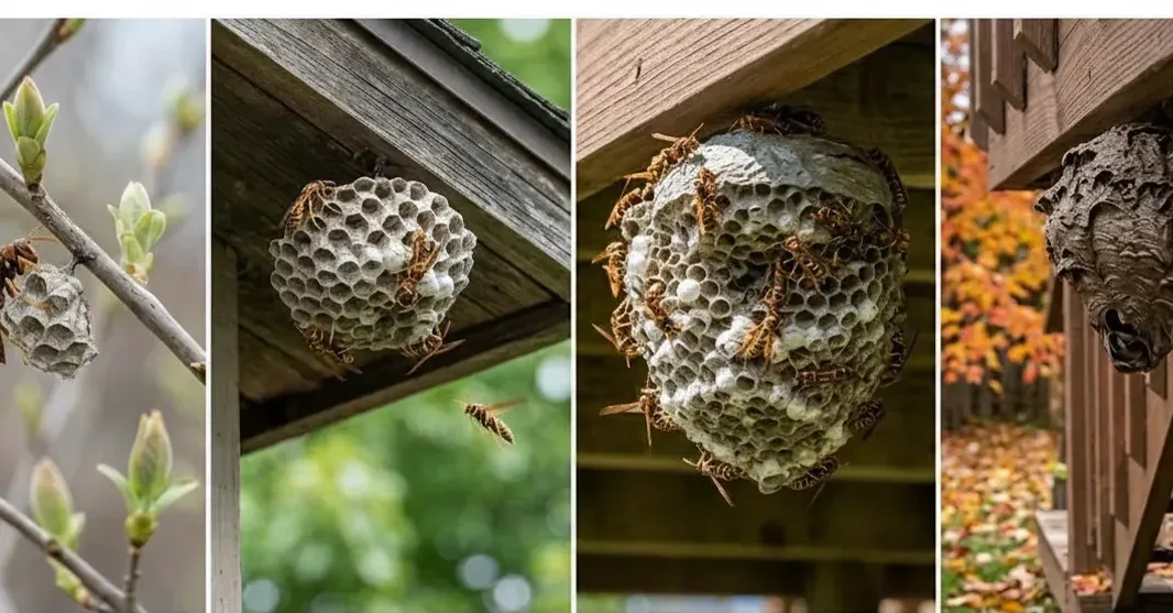 paper wasp chart converted 1 edited Close-up of a paper wasp nest hanging under a porch eave with wasps visible on open cells