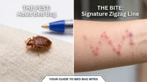 Composite visual guide showing a macro view of an adult bed bug next to the classic zigzag linear bite pattern on human skin
