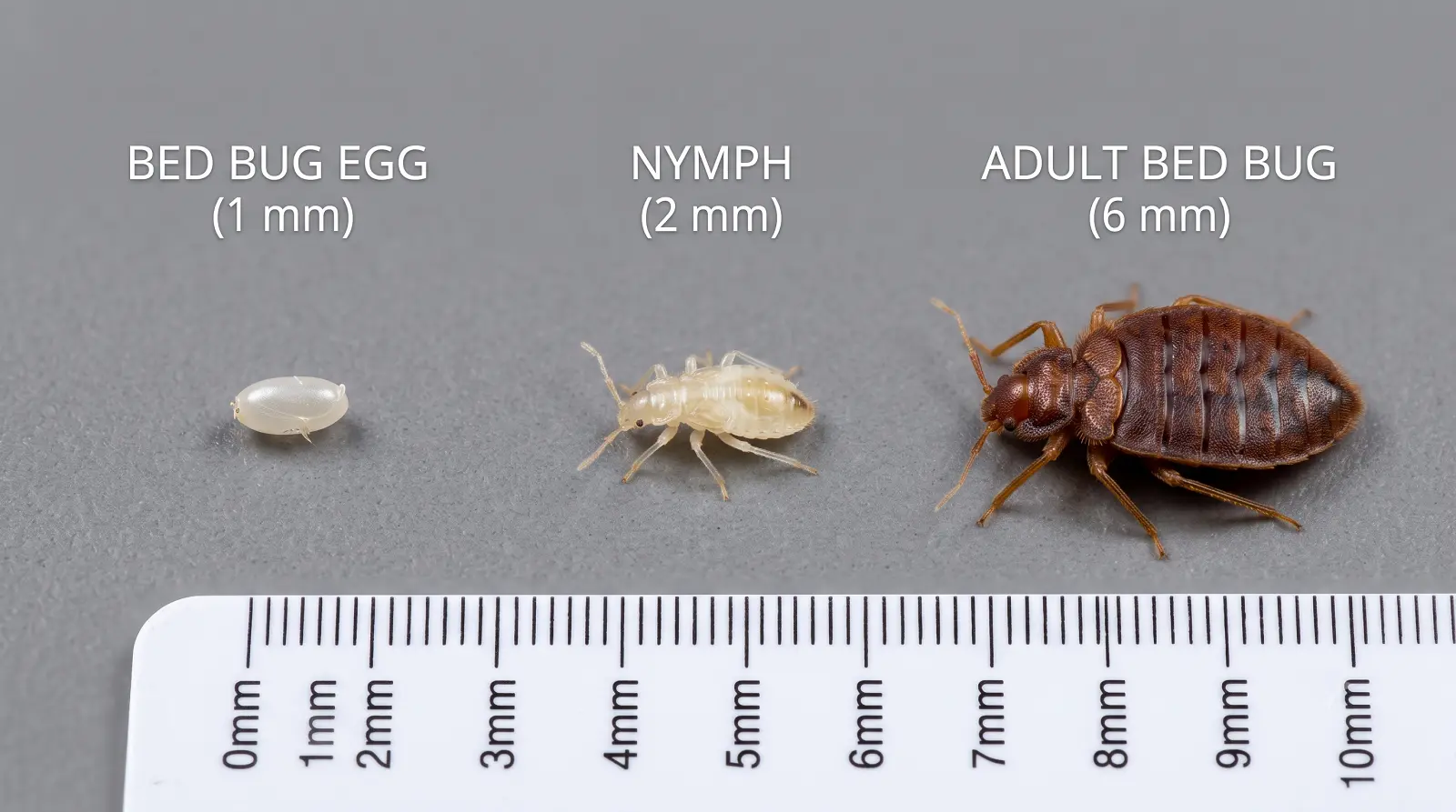 bed bug life stages size comparison Comparison of bed bug life stages showing a pearly white egg, a translucent nymph, and a flat reddish-brown adult bed bug next to a credit card edge for scale.